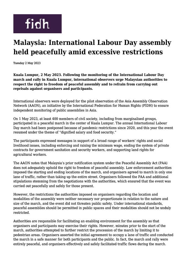 Malaysia: International Labour Day assembly held peacefully amid excessive restrictions